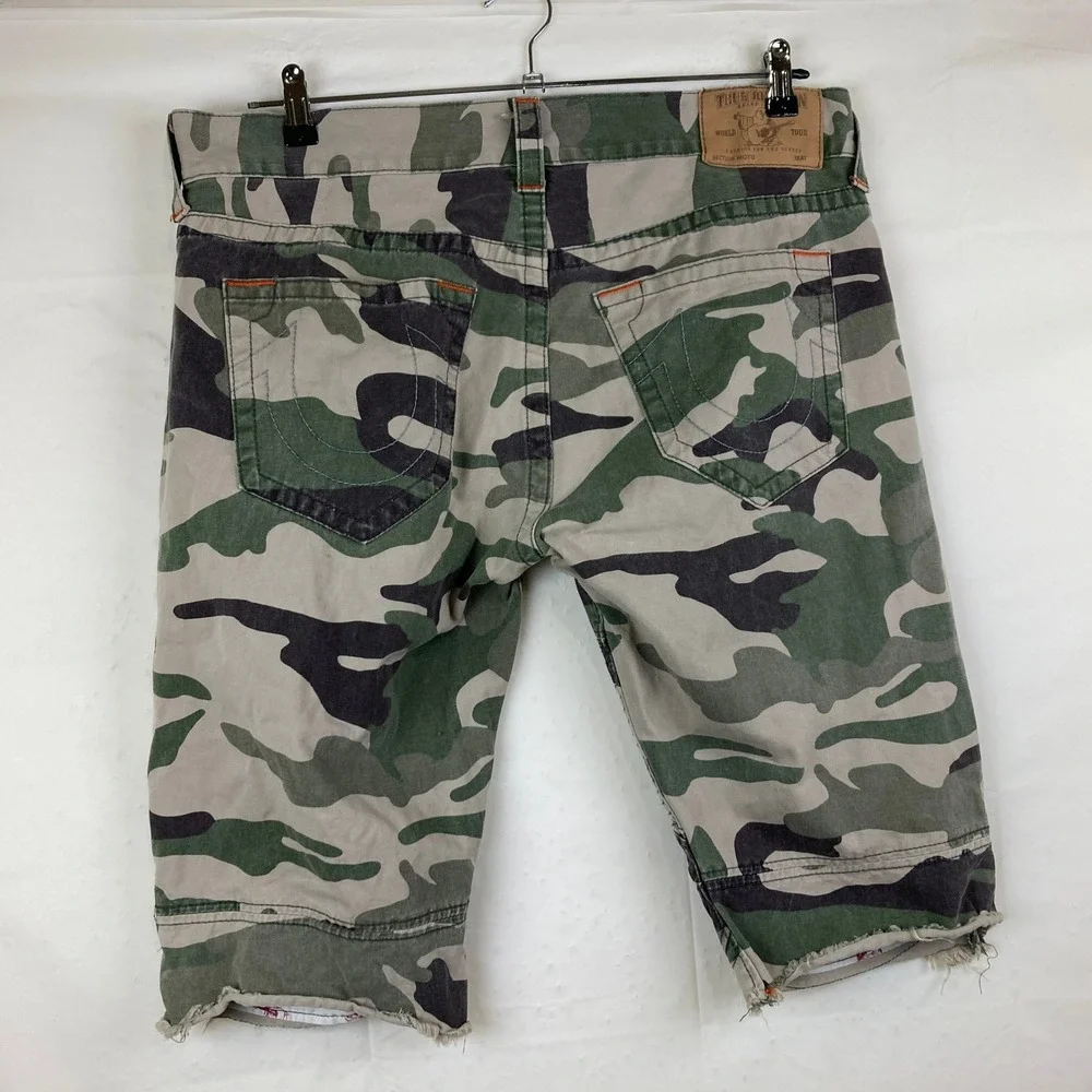 True Religion Moto Shorts Men 36 Green Camo Ribbed Biker Grunge Streetwear Y2K